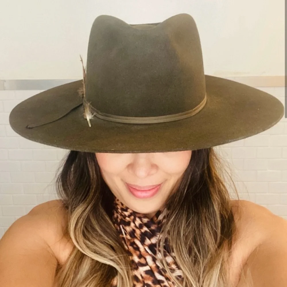 Authentic Custom Stetson Rabbit Felt Fur Green Sage Western Flat Brim Hat - Picture 2 of 11